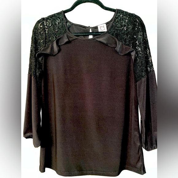 Anne Klein Black 3/4 Sleeve Top w/ Lace Detail SZ S - Picture 1 of 5